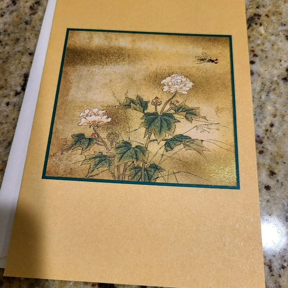 3 Kano Tanyu Blank Cards. Shimmer. Butterfly Mallow, Sparrows, Crane Lotus Pond